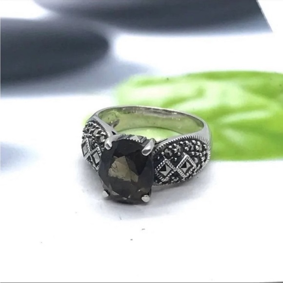 Jewelry - Vintage Sterling Silver Smokey Topaz Marcasite Ring Size 6